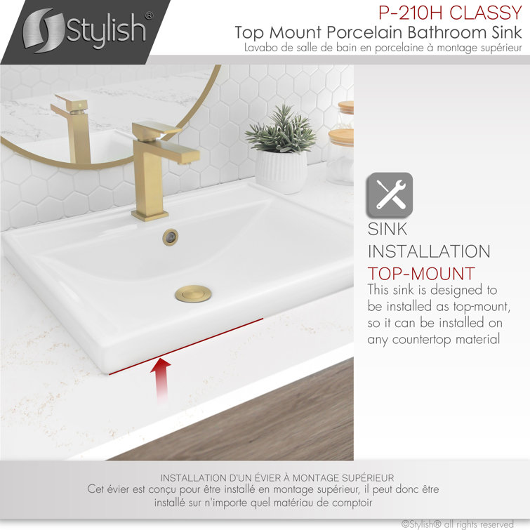 White Rectangular Ceramic Drop-In Bathroom Sink with Overflow