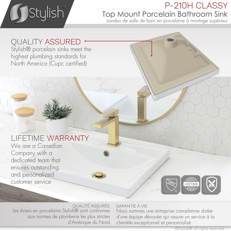 White Rectangular Ceramic Drop-In Bathroom Sink with Overflow