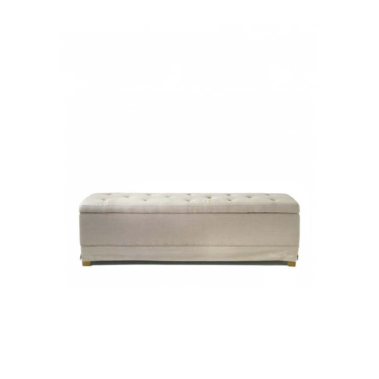 White Linen Tufted Upholstered Storage Bench with Solid Wood Legs