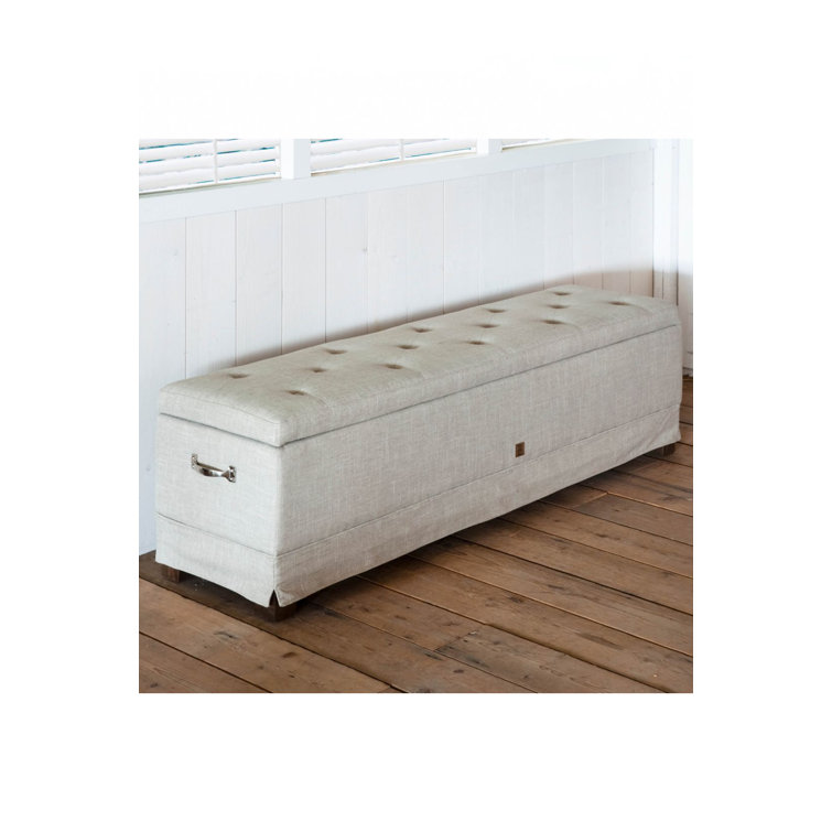 White Linen Tufted Upholstered Storage Bench with Solid Wood Legs