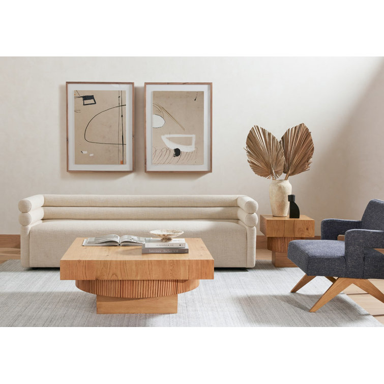 Hampton Cream Tufted Fabric Sofa with Wood Accents