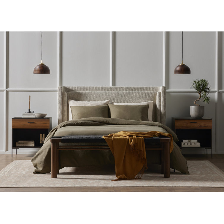 Queen Gunmetal and Oatmeal Upholstered Metal Bed with Slats