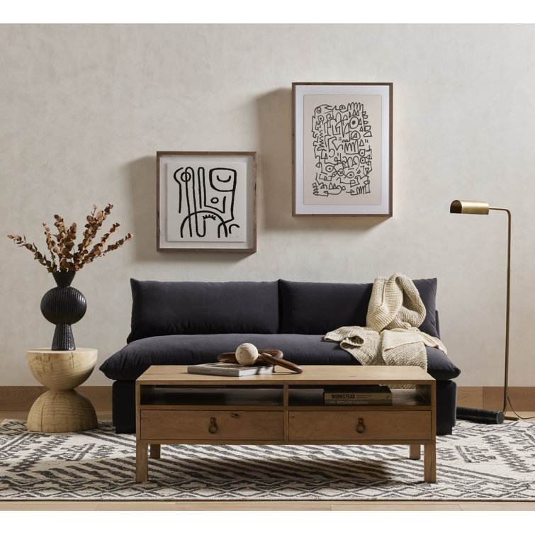 Modern Abstract Black and White Canvas Painting with Walnut Frame