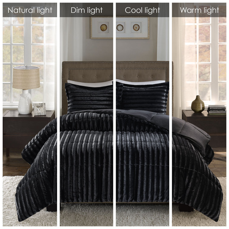 King Black Ribbed Faux Fur Comforter Set