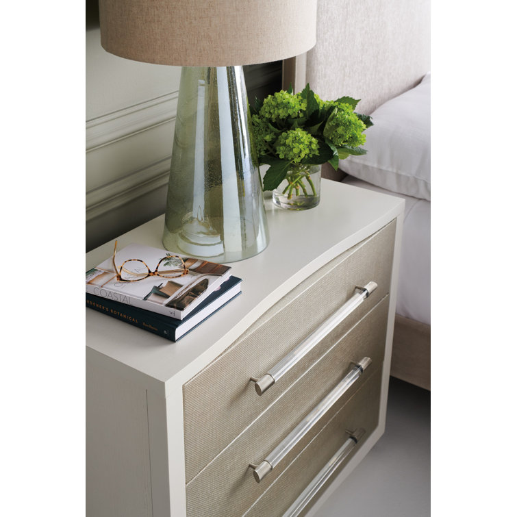 White Transitional 3-Drawer Nightstand with Raffia Fronts