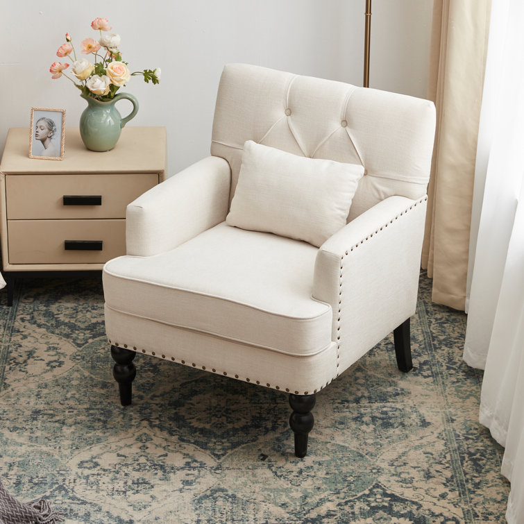 Beige Tufted Armchair Set with Dark Wood Legs