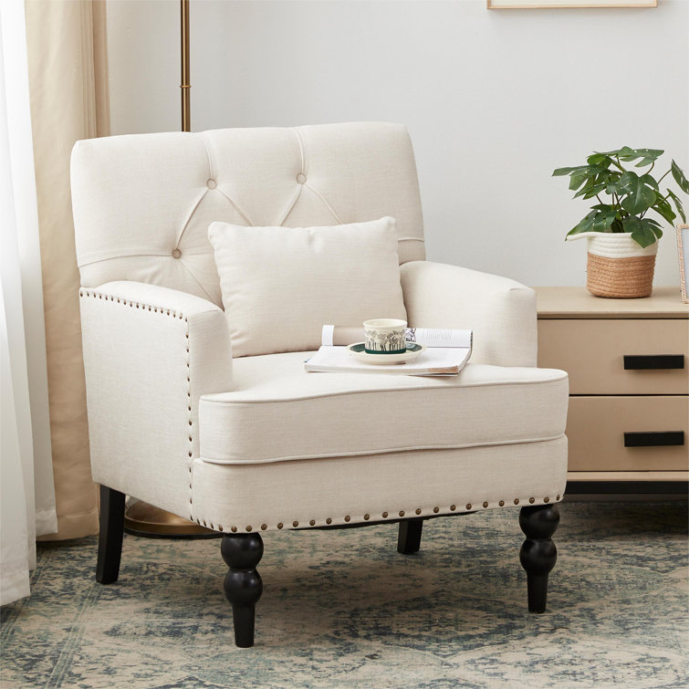 Beige Tufted Armchair Set with Dark Wood Legs