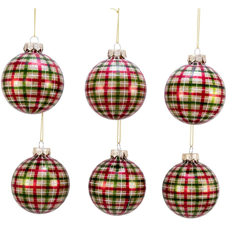 Plaid Glitter Glass Christmas Ball Ornaments Set of Six