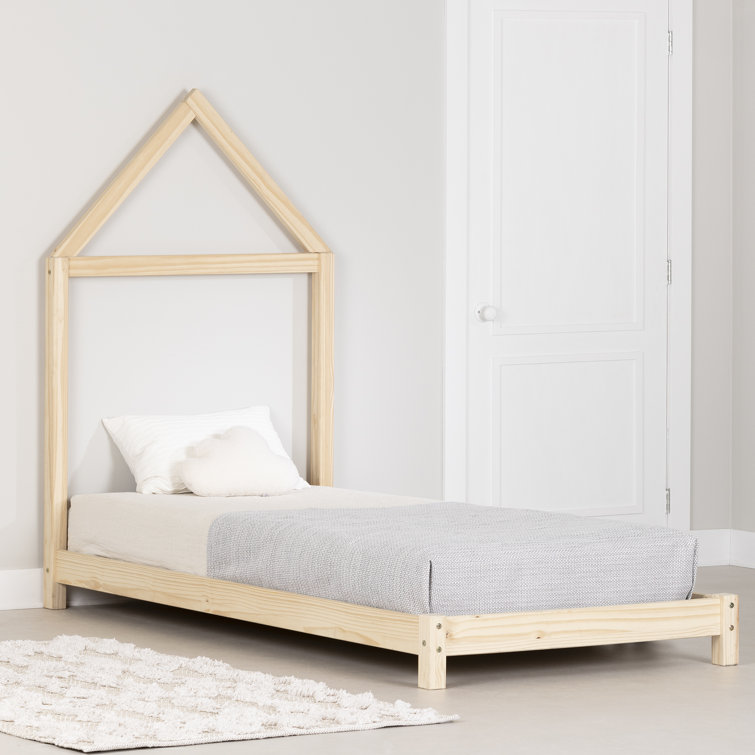 Natural Pine Twin Platform Bed with House Frame Headboard