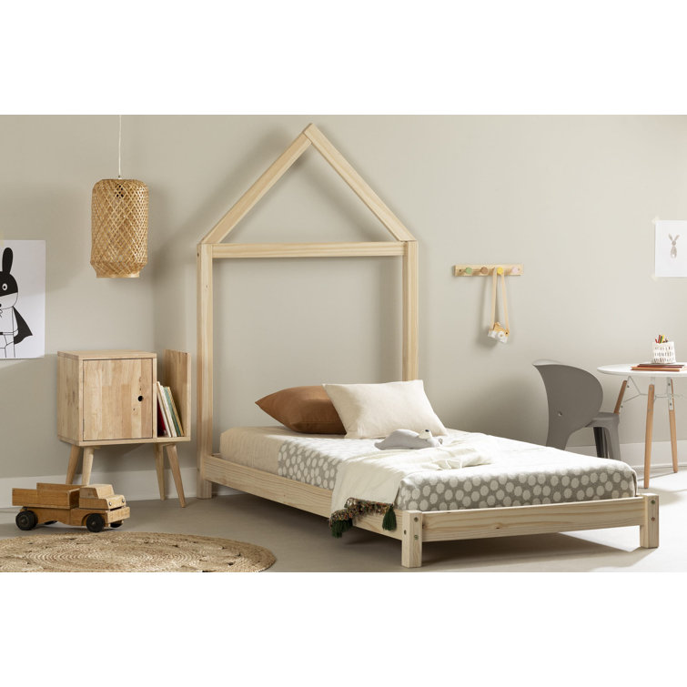 Natural Pine Twin Platform Bed with House Frame Headboard
