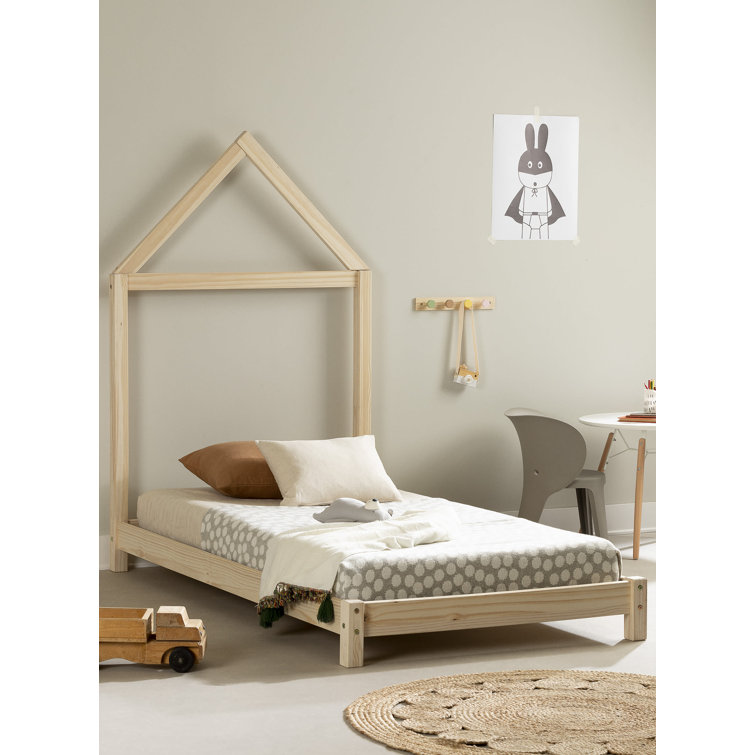 Natural Pine Twin Platform Bed with House Frame Headboard