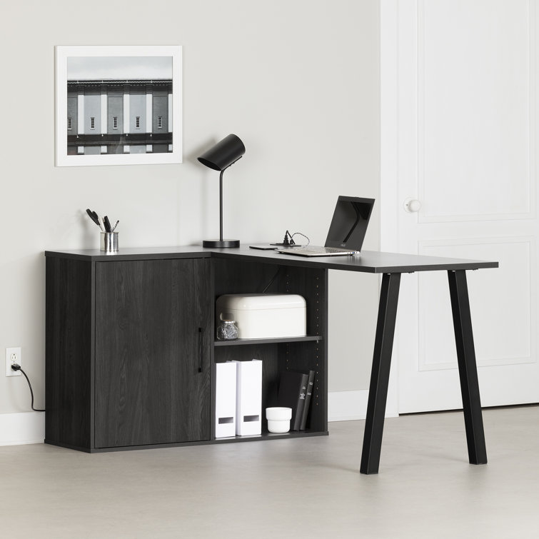 Gray Oak L-Shaped Corner Desk with USB Port and Filing Cabinet
