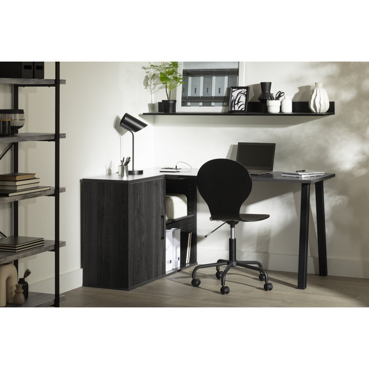 Gray Oak L-Shaped Corner Desk with USB Port and Filing Cabinet