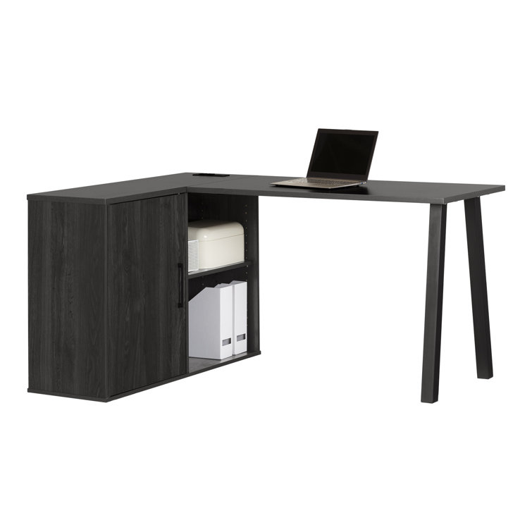 Gray Oak L-Shaped Corner Desk with USB Port and Filing Cabinet