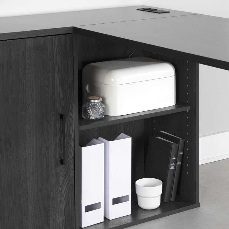 Gray Oak L-Shaped Corner Desk with USB Port and Filing Cabinet