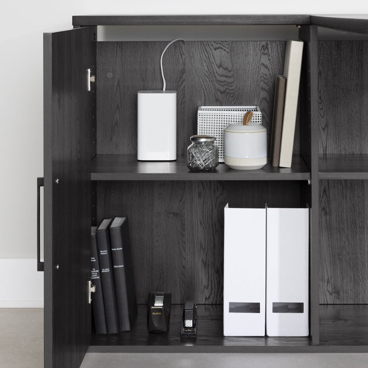 Gray Oak L-Shaped Corner Desk with USB Port and Filing Cabinet