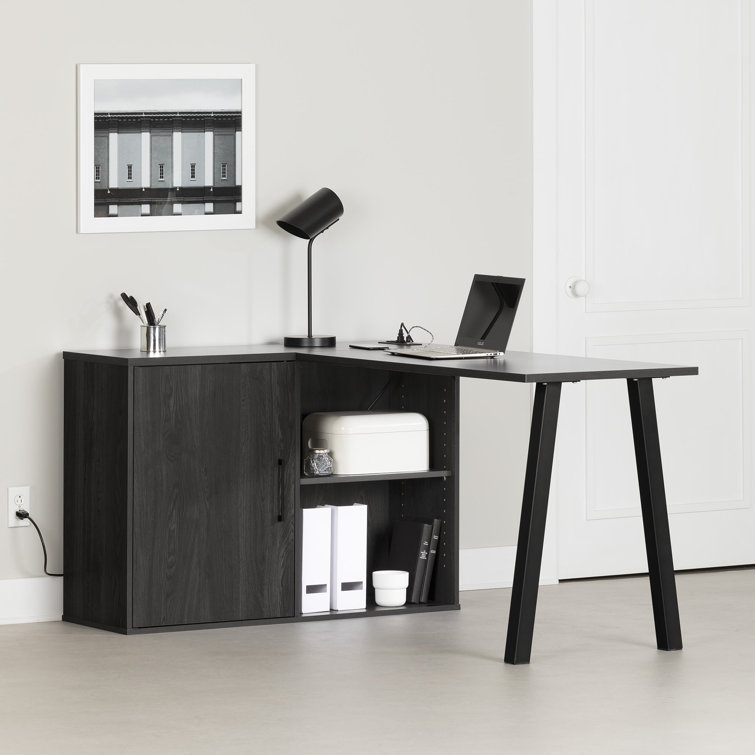 Gray Oak L-Shaped Corner Desk with USB Port and Filing Cabinet