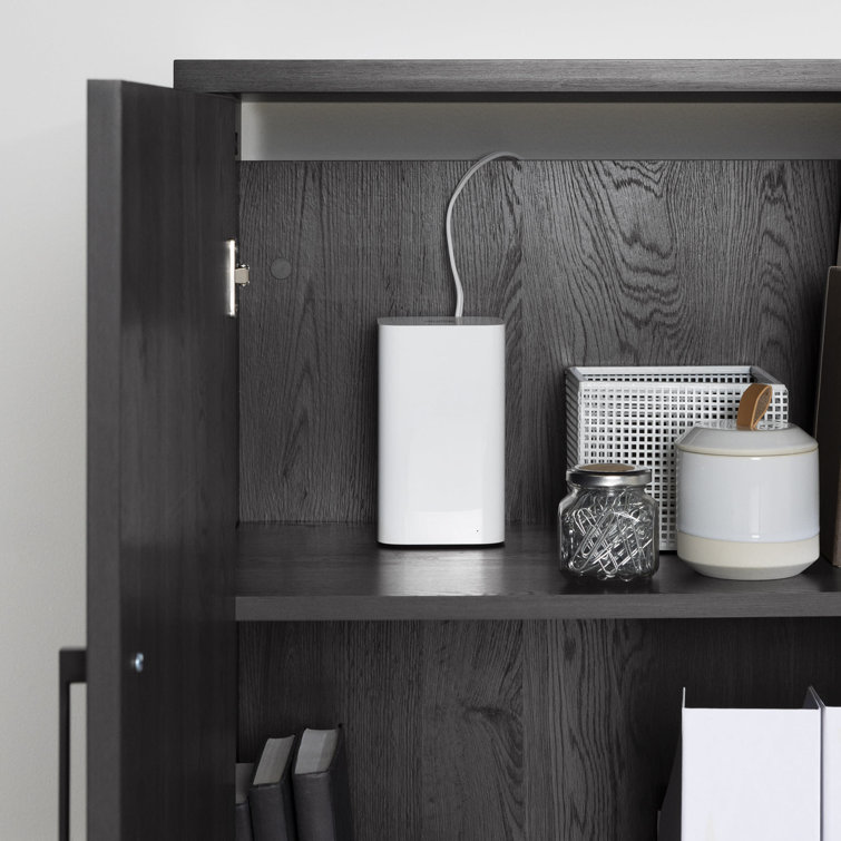Gray Oak L-Shaped Corner Desk with USB Port and Filing Cabinet