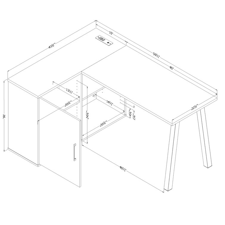 Gray Oak L-Shaped Corner Desk with USB Port and Filing Cabinet