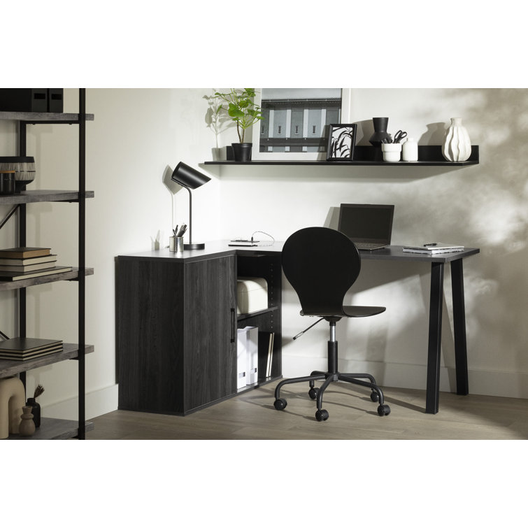 Gray Oak L-Shaped Corner Desk with USB Port and Filing Cabinet
