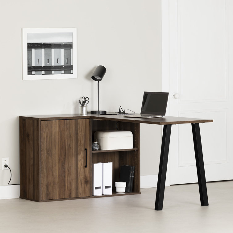 Natural Walnut L-Shaped Computer Desk with USB Port and Filing Cabinet