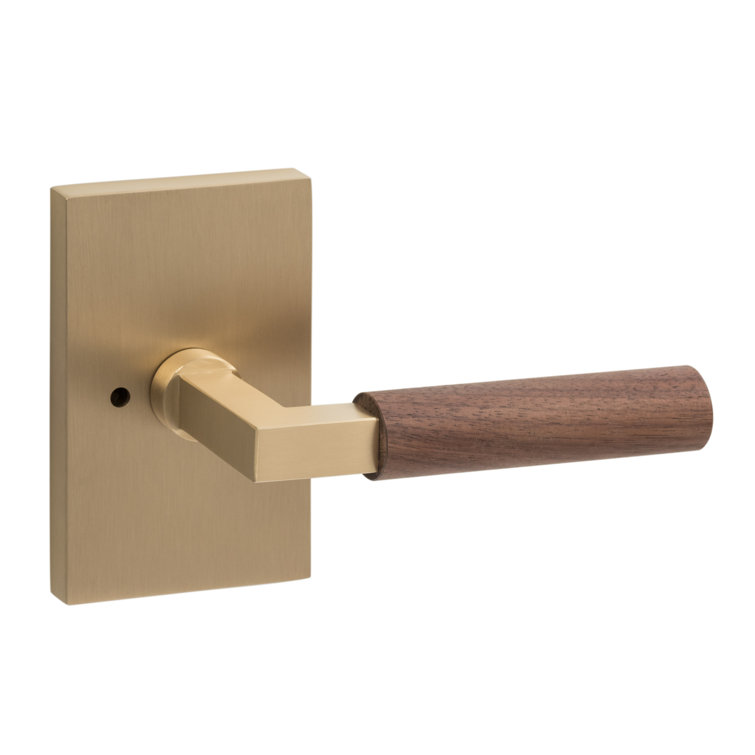 Satin Brass Door Lever with Walnut Grip and Privacy Rosette