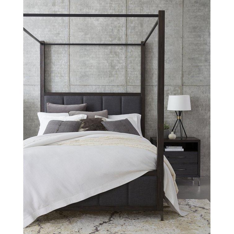 California King Vintage Coffee Upholstered Canopy Bed with Solid Wood Frame