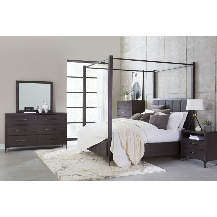 California King Vintage Coffee Upholstered Canopy Bed with Solid Wood Frame