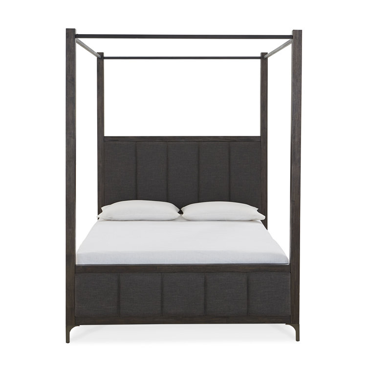 California King Vintage Coffee Upholstered Canopy Bed with Solid Wood Frame