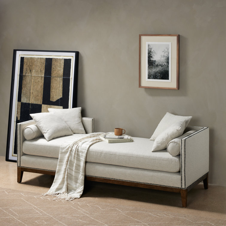 Aspen Gray Upholstered Chaise Lounge with Brass Nailheads