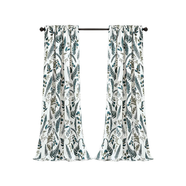 White and Green Floral Polyester Blackout Curtain Panels