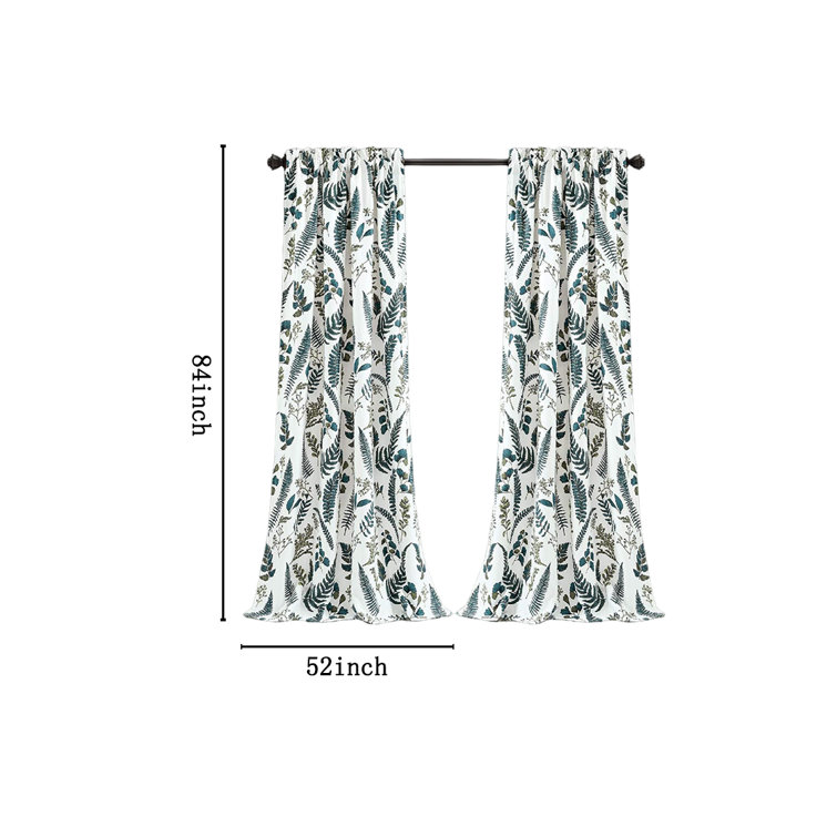 White and Green Floral Polyester Blackout Curtain Panels