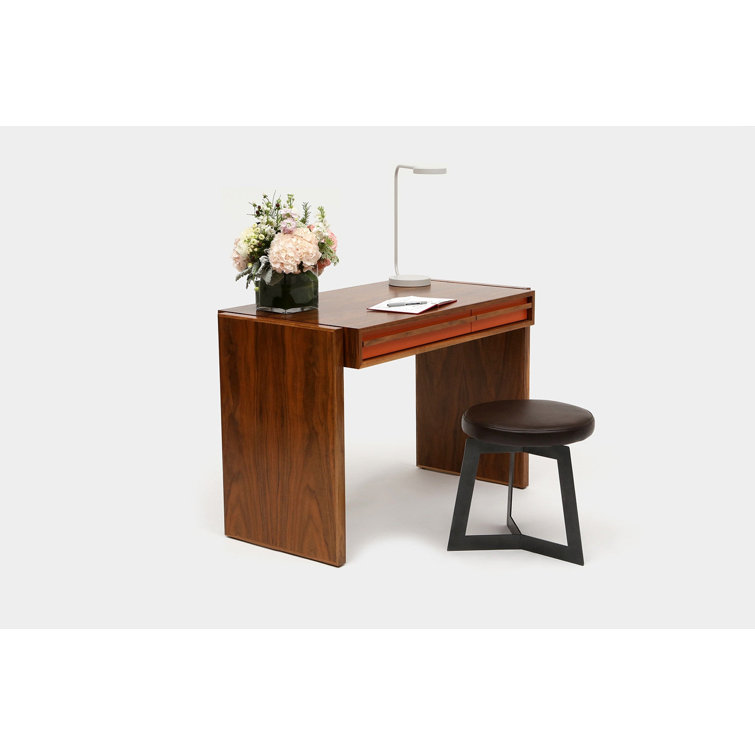 Orange and Walnut Compact Desk with Two Drawers