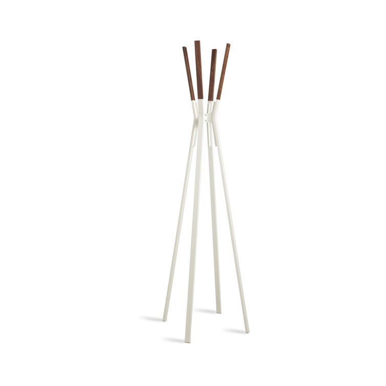 White and Walnut Metal Tripod Coat Rack