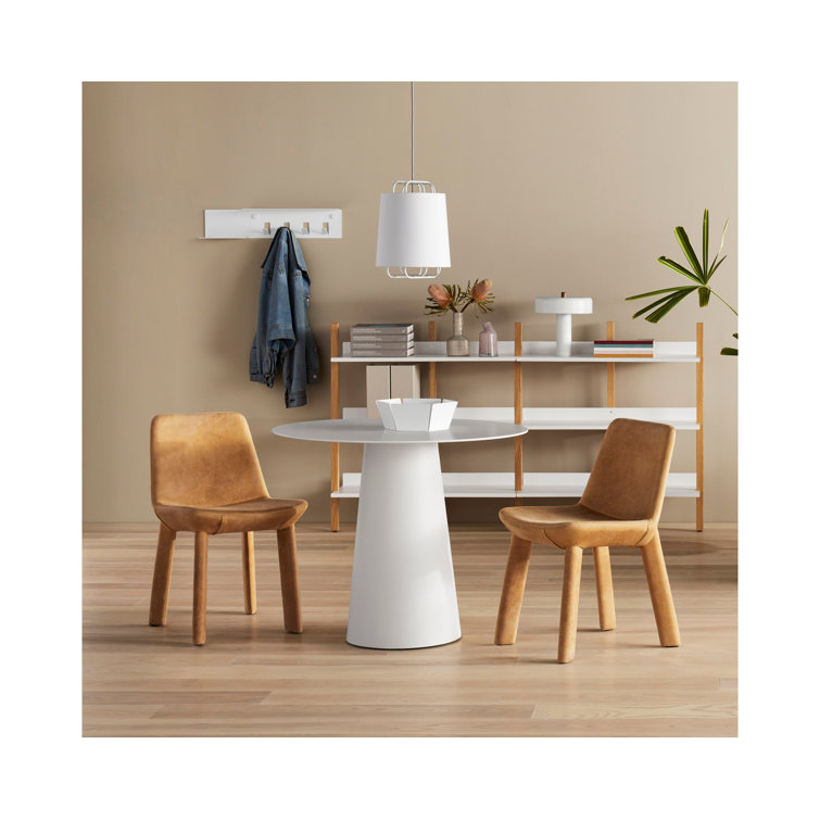 Camel Genuine Leather Upholstered Dining Chair with Wooden Legs