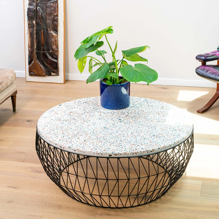 Lounge-Height Round Black Metal and Glass/Marble Coffee Table