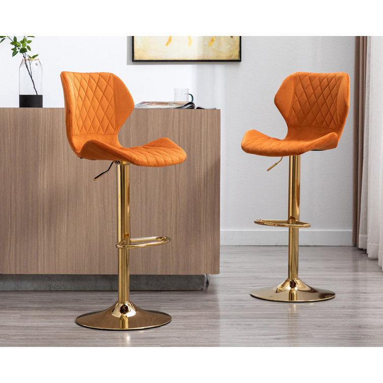 Orange Velvet Adjustable Swivel Bar Stools with Gold Base