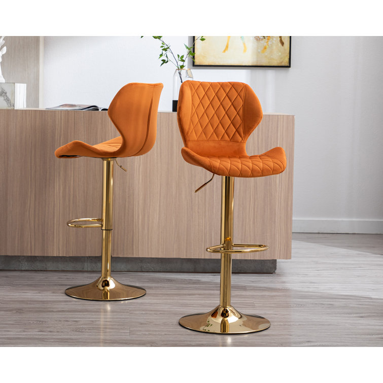 Orange Velvet Adjustable Swivel Bar Stools with Gold Base