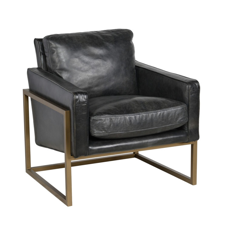 Transitional Black Leather Accent Chair with Brass Metal Frame