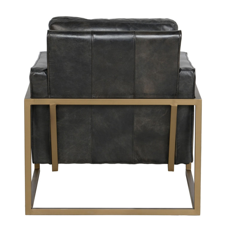 Transitional Black Leather Accent Chair with Brass Metal Frame