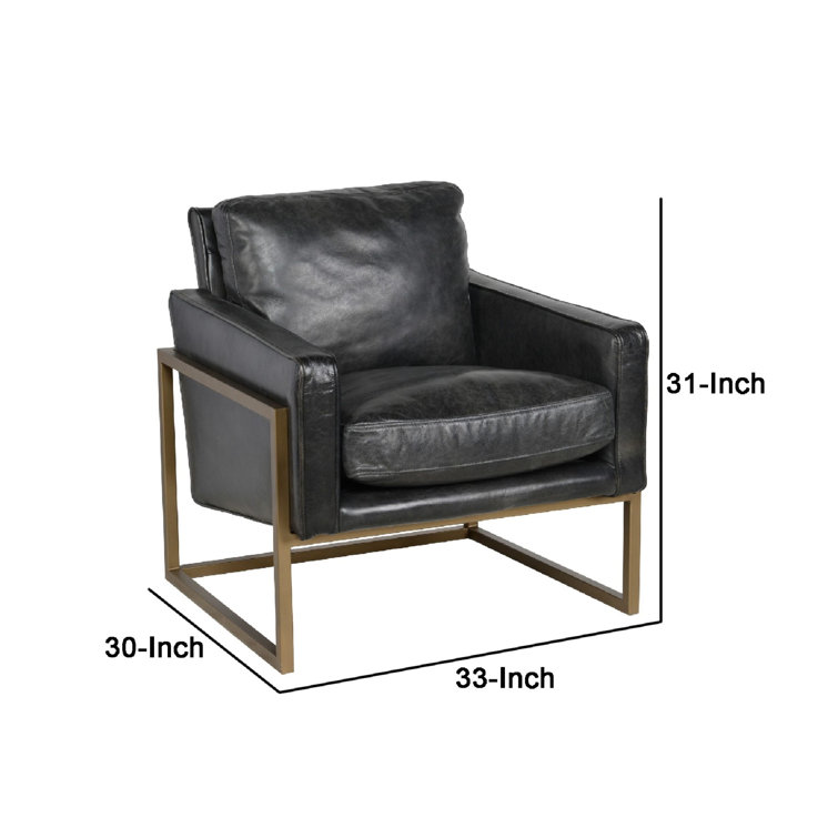Transitional Black Leather Accent Chair with Brass Metal Frame