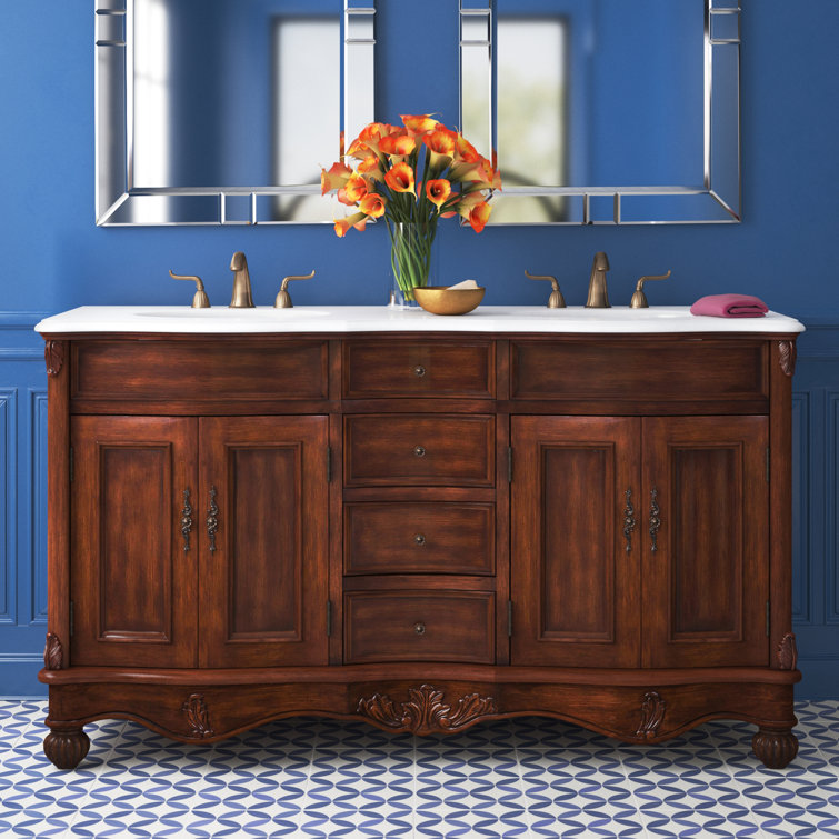 Teak and Ivory White Double Freestanding Vanity with Quartz Countertop