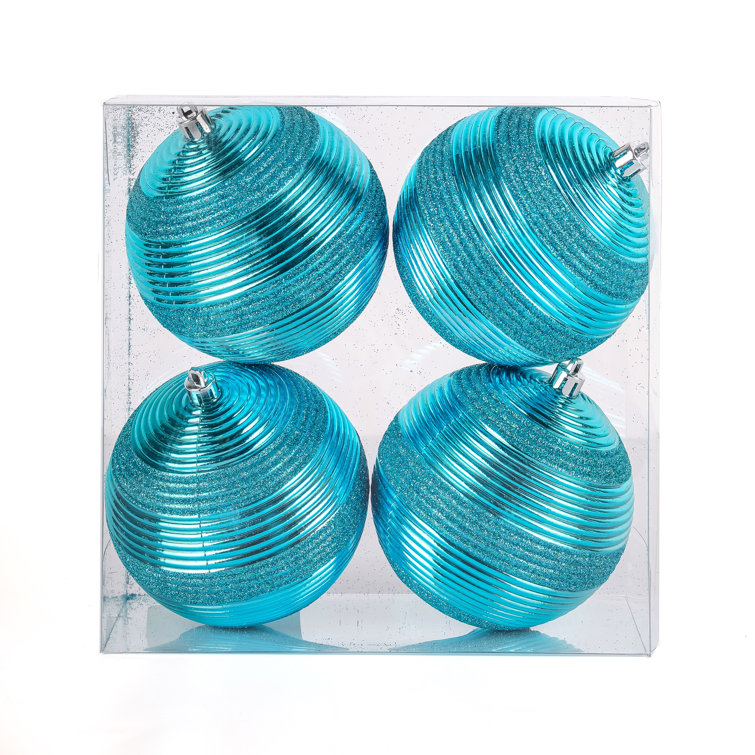 Turquoise Glitter Ribbed Shatterproof Ball Ornaments, Set of 4