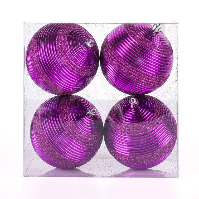 Purple Glitter Ribbed Shatterproof Ball Ornaments, Set of 4
