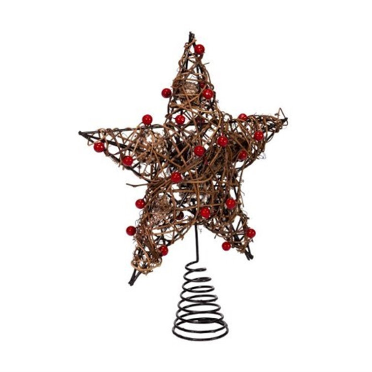 12-Inch Rustic Brown Metal Star Tree Topper with Red Berries