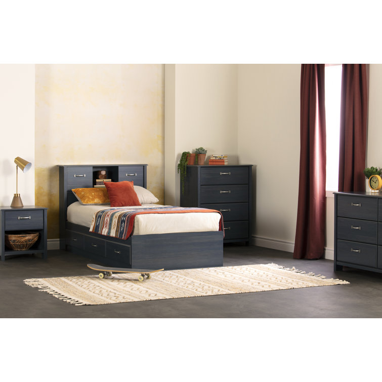 Twin Blueberry Oak Platform Bed with Storage and Headboard