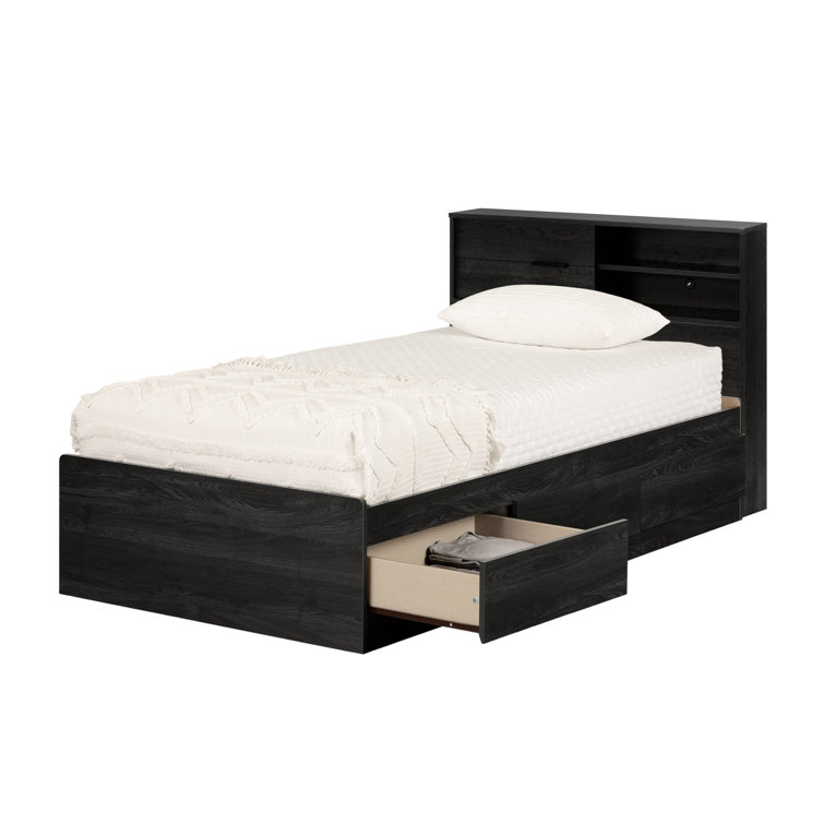 Gray Oak Twin Platform Bed with Storage and Bookcase Headboard