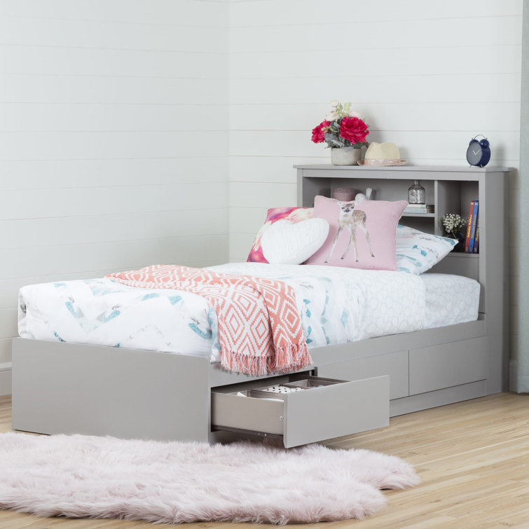 Soft Gray Twin Wood Platform Bed with Bookcase Headboard and Storage Drawers