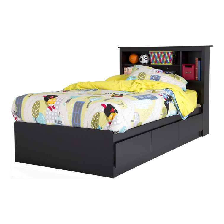 Black Twin Wood Platform Bed with Storage and Bookcase Headboard