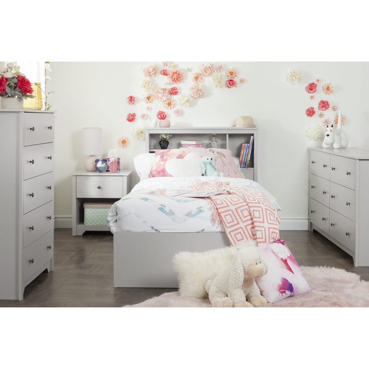 Soft Gray Twin Wood Platform Bed with Bookcase Headboard and Storage Drawers